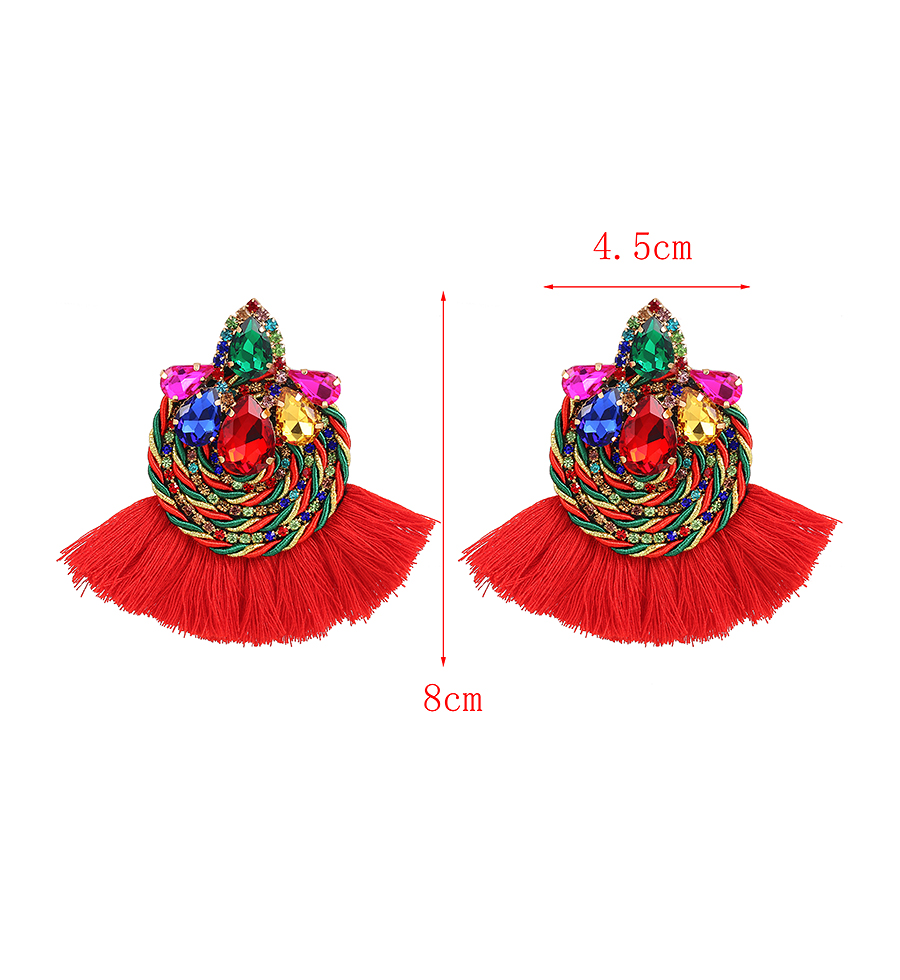 Fashion Red Alloy Colored Diamond Braided Tassel Earrings,Stud Earrings