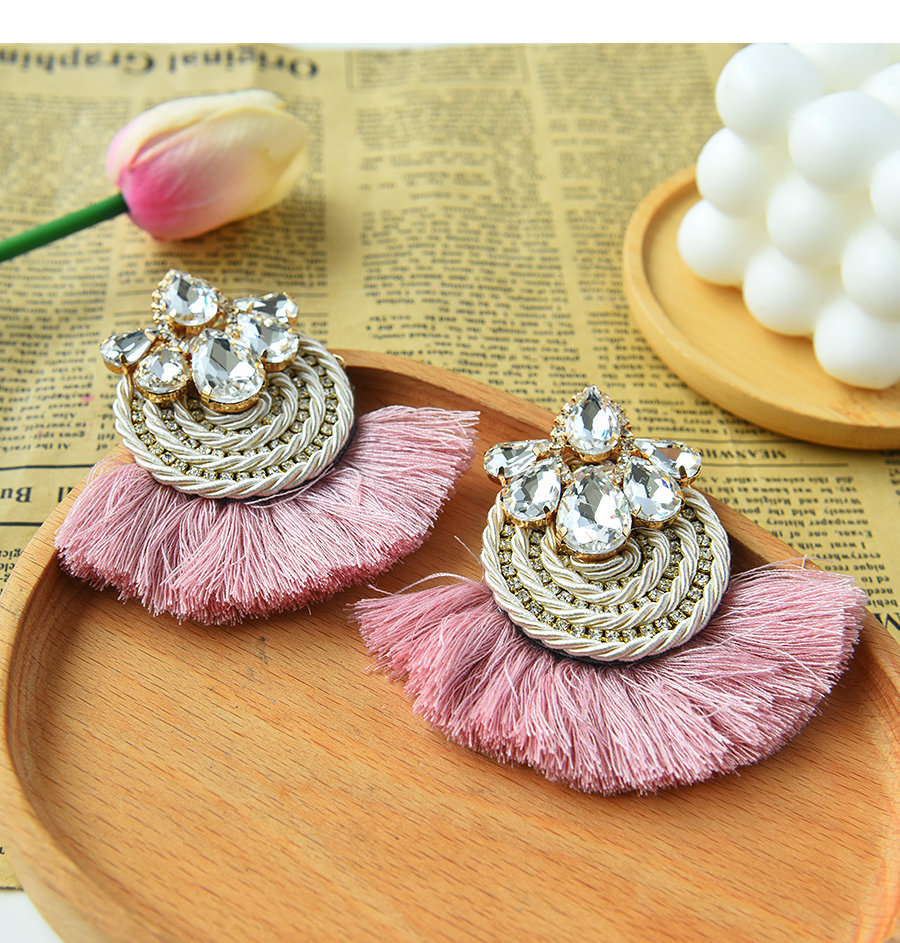 Fashion Pink Alloy Diamond Braided Tassel Stud Earrings,Stud Earrings