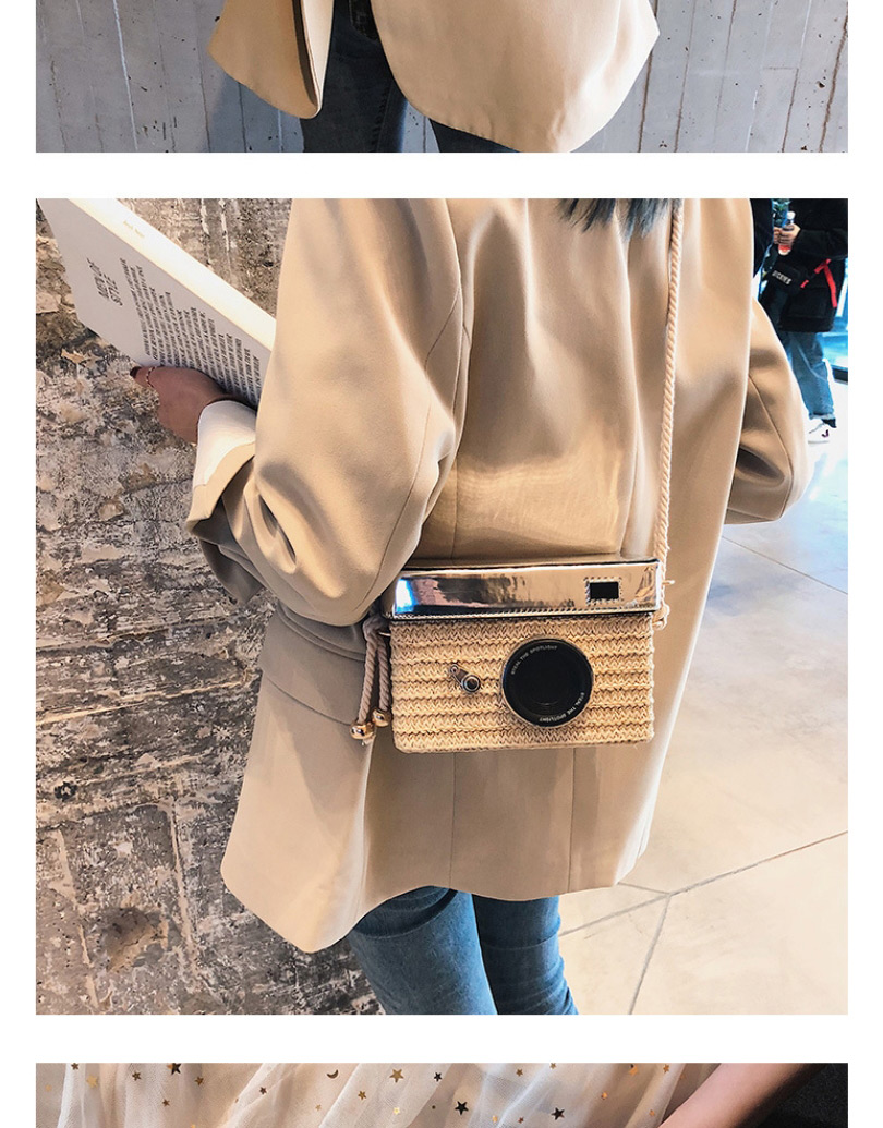 Fashion Brown Straw Square Box Woven Camera Diagonal Bag,Shoulder bags