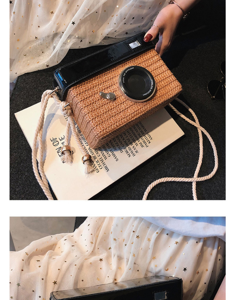 Fashion Brown Straw Square Box Woven Camera Diagonal Bag,Shoulder bags