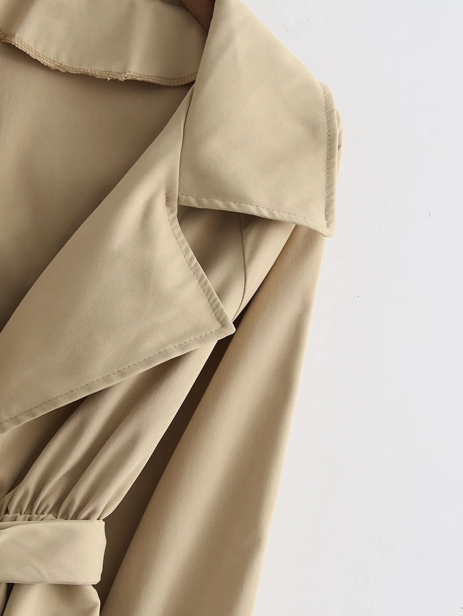 Fashion Khaki Lapel Tie Pleated Trench Coat,Coat-Jacket
