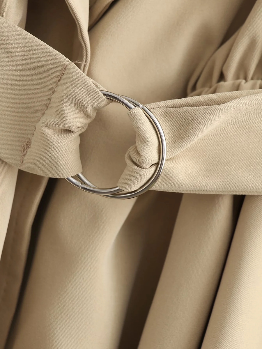 Fashion Khaki Lapel Tie Pleated Trench Coat,Coat-Jacket