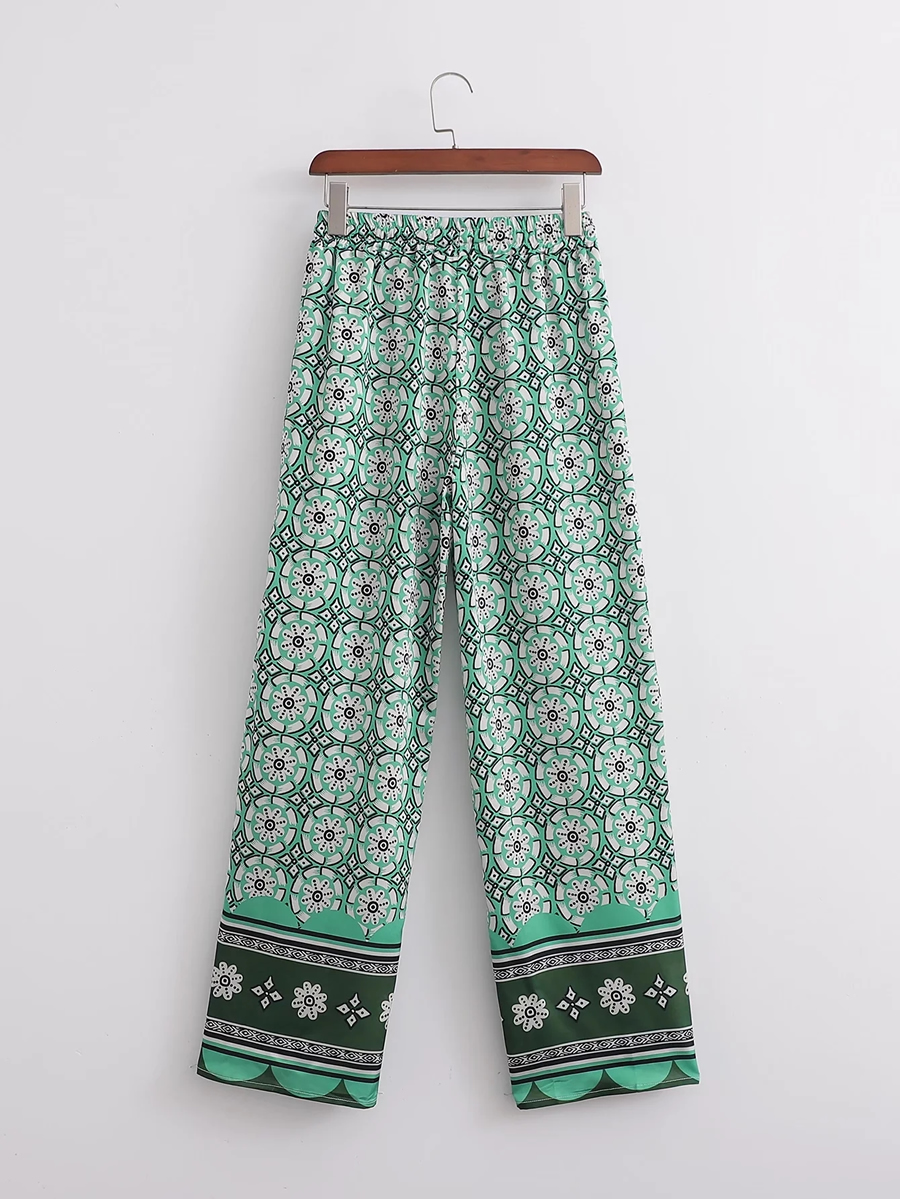 Fashion Green Printed Wide-leg Pants,Pants