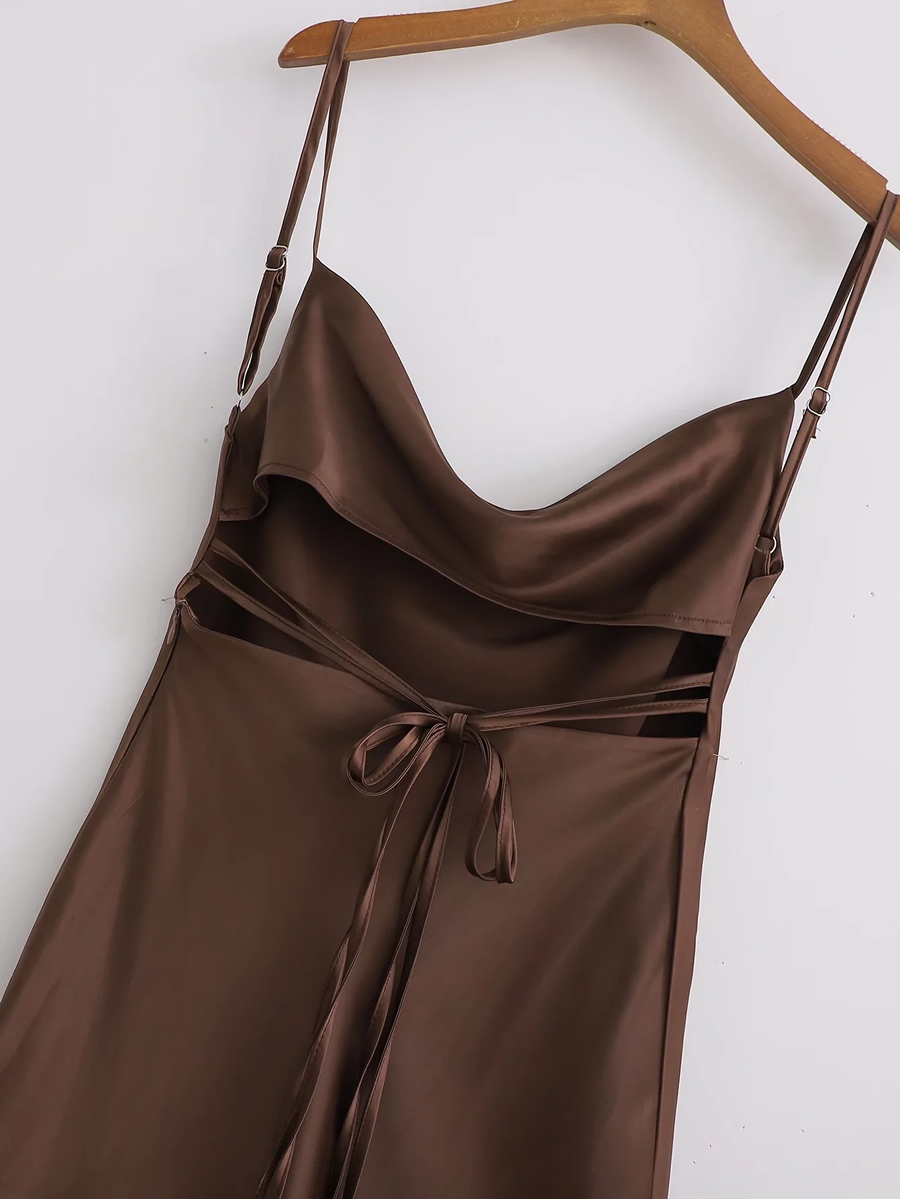 Fashion Coffee Color Slightly Pleated Slit Suspender Skirt,Long Dress