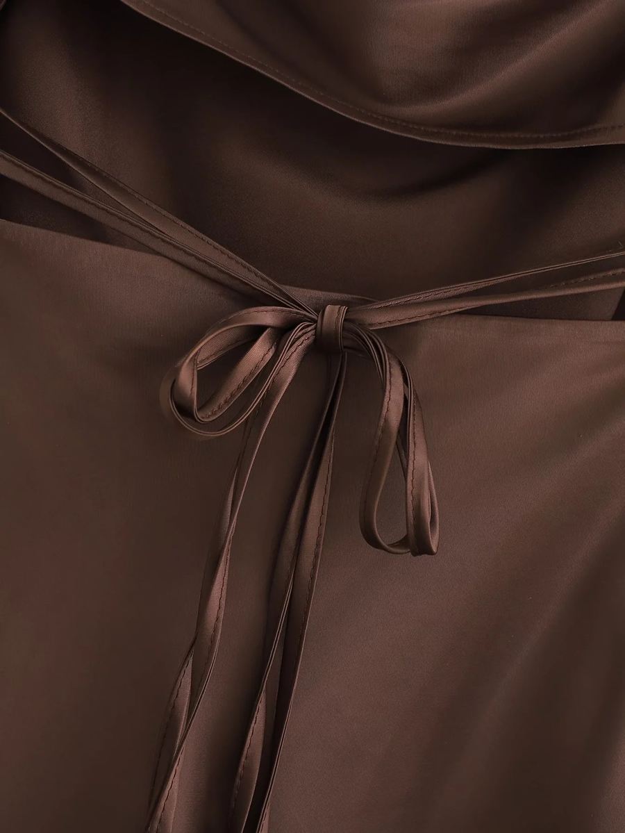 Fashion Coffee Color Slightly Pleated Slit Suspender Skirt,Long Dress