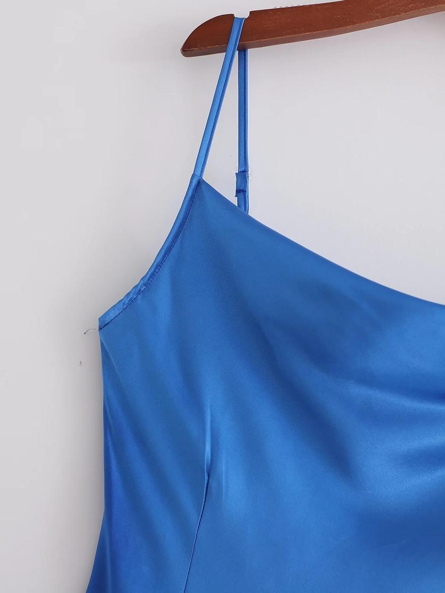 Fashion Blue Satin Suspender Skirt,Long Dress