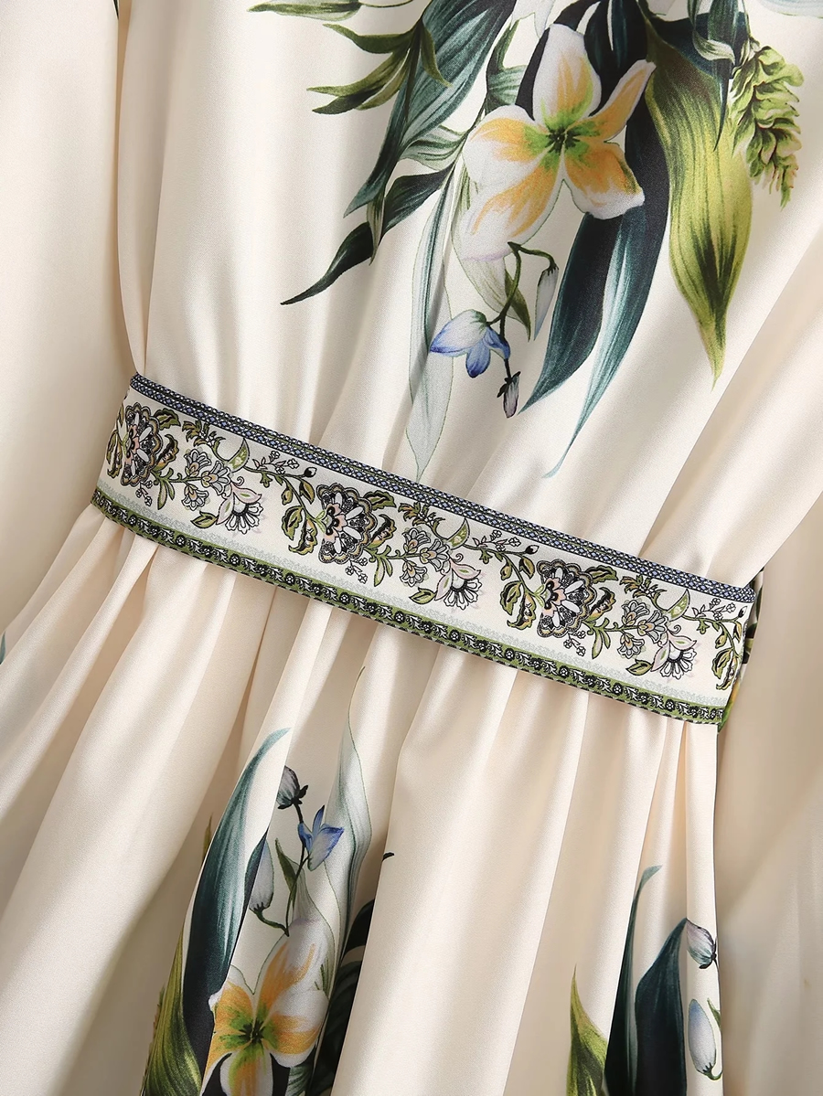 Fashion Color Printed Tie Waist Skirt,Long Dress