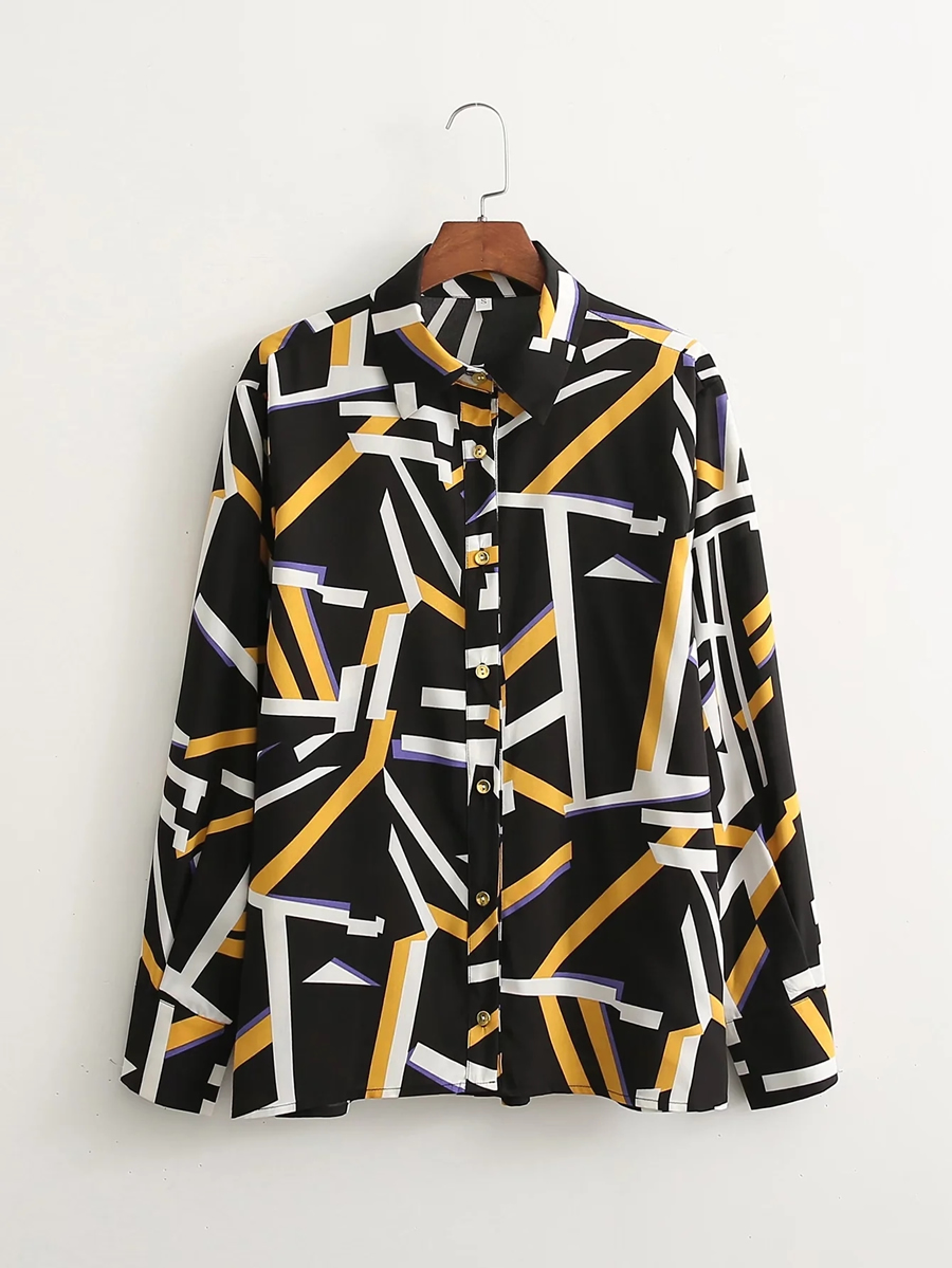 Fashion Black Geometric Print Shirt,Tank Tops & Camis