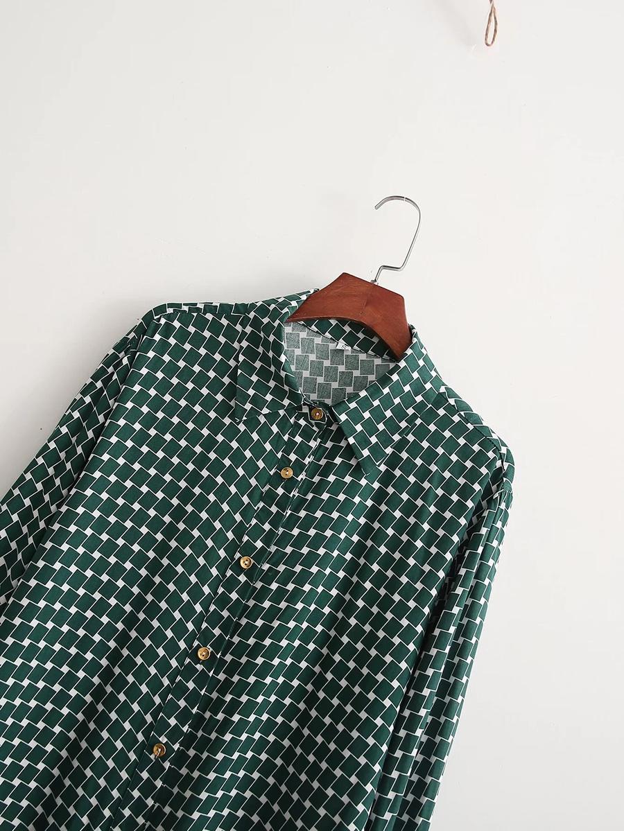 Fashion Green Geometric Check Print Shirt,Tank Tops & Camis