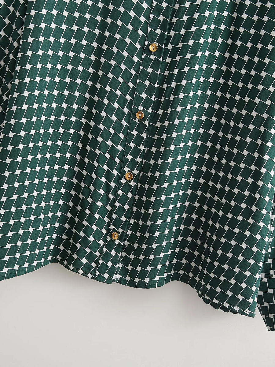 Fashion Green Geometric Check Print Shirt,Tank Tops & Camis