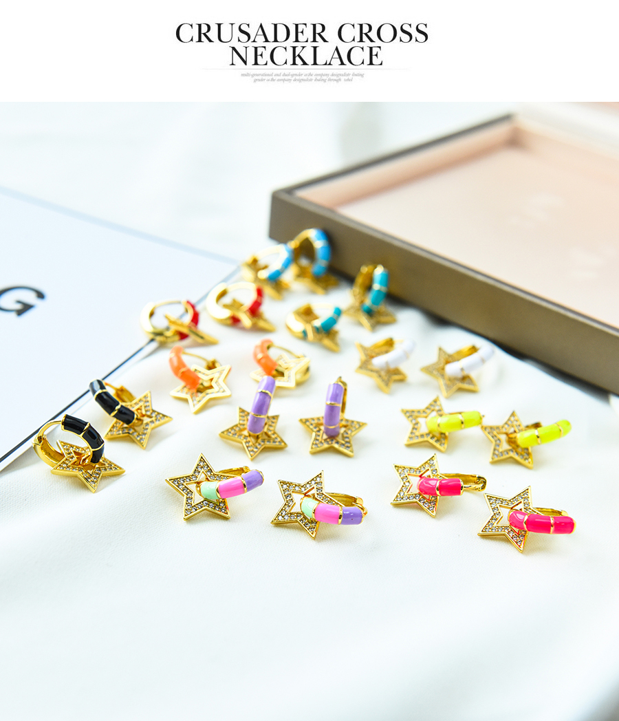 Fashion Yellow Copper Inlaid Zircon Drop Oil Pentagram Stud Earrings,Earrings