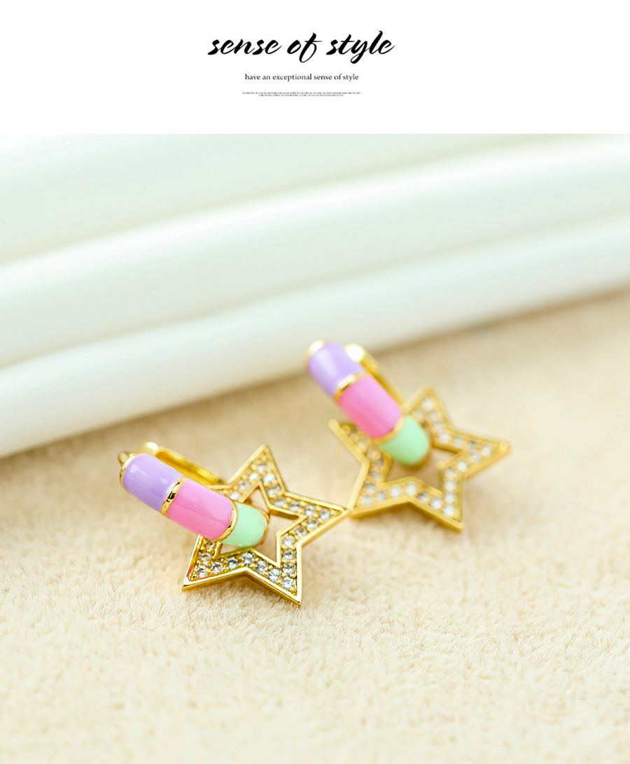 Fashion Color Copper Inlaid Zircon Oil Drop Five-pointed Star Stud Earrings,Earrings