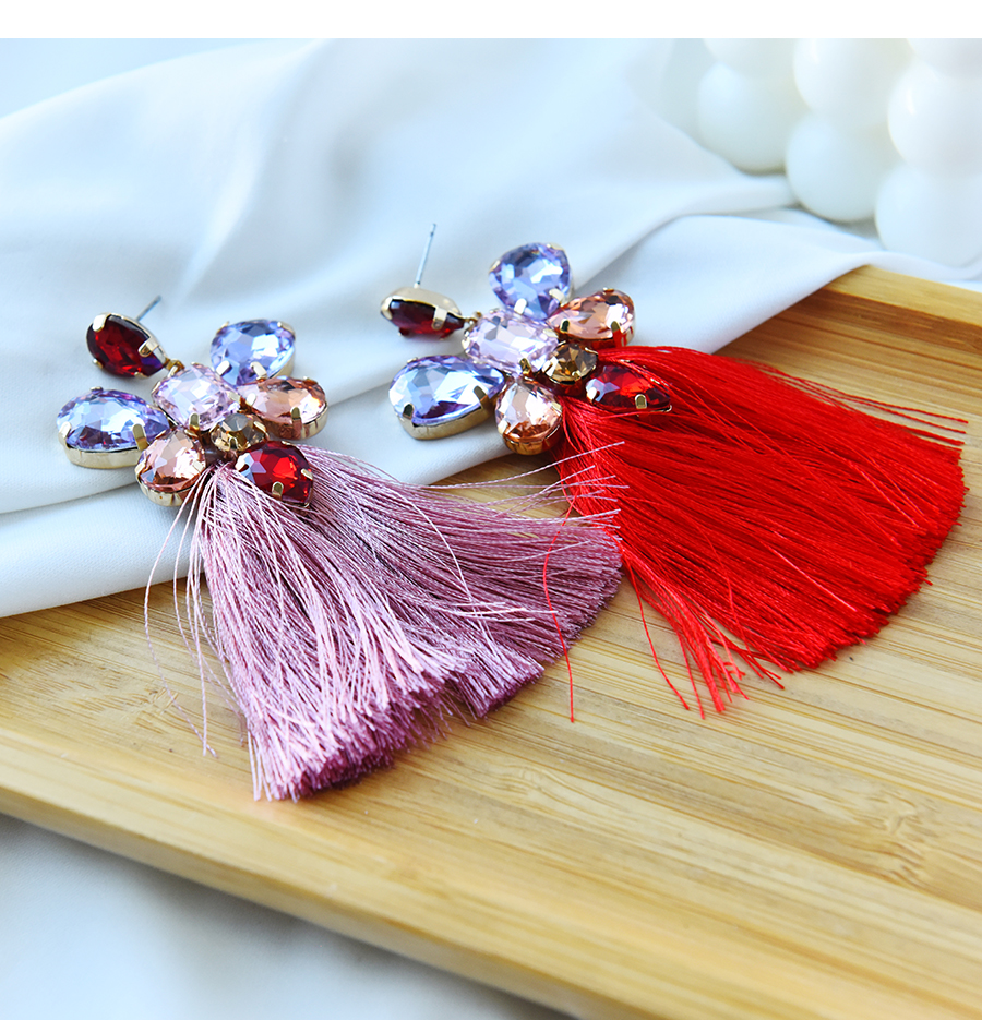 Fashion Leather Pink Alloy Diamond Drop Tassel Earrings,Drop Earrings