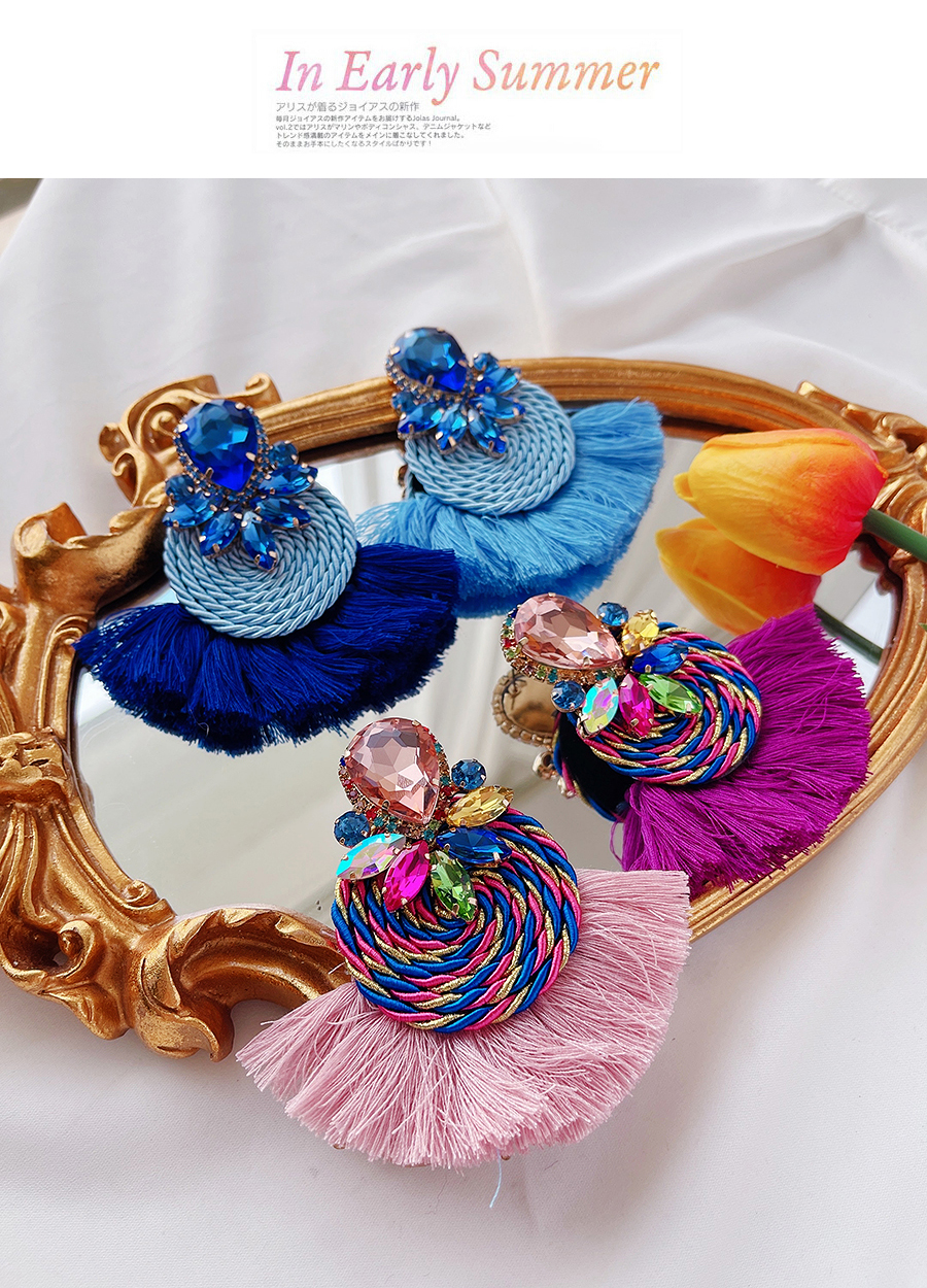 Fashion Royal Blue Alloy Diamond-studded Water Drop Braided Tassel Earrings,Stud Earrings