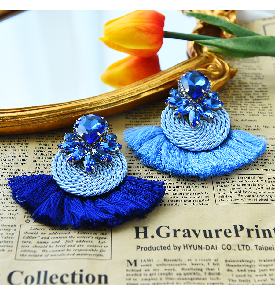 Fashion Royal Blue Alloy Diamond-studded Water Drop Braided Tassel Earrings,Stud Earrings