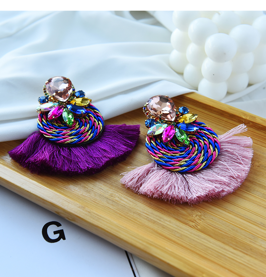 Fashion Light Pink Alloy Diamond Drop Braided Tassel Earrings,Stud Earrings