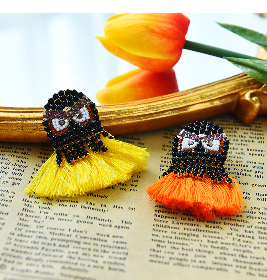 Fashion Yellow Alloy Diamond Owl Tassel Stud Earrings,Stud Earrings