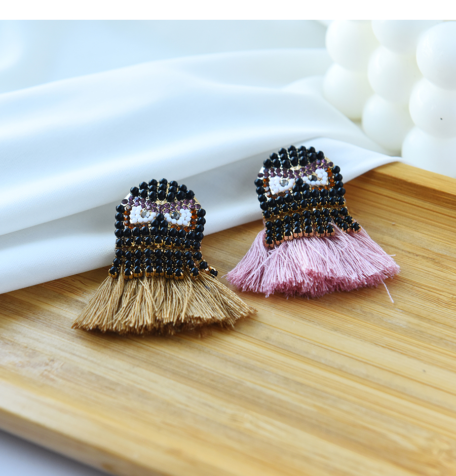 Fashion Khaki Alloy Diamond Owl Tassel Stud Earrings,Stud Earrings