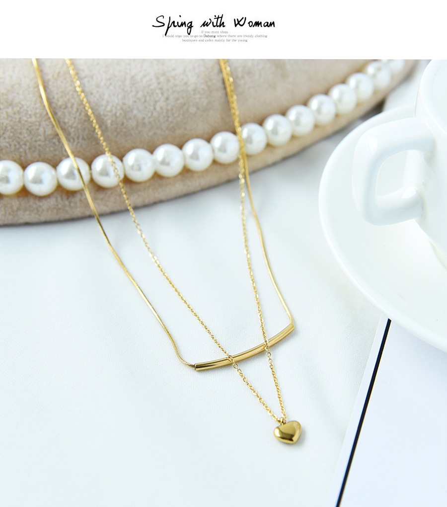 Fashion Gold Titanium Steel Double Heart Pendant Necklace,Necklaces