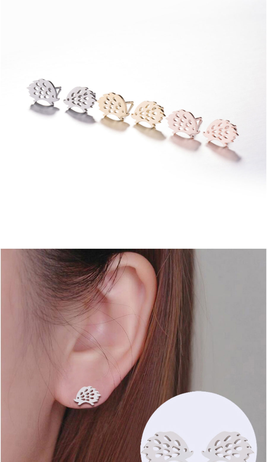 Fashion Rose Gold Stainless Steel Hedgehog Ear Studs,Earrings
