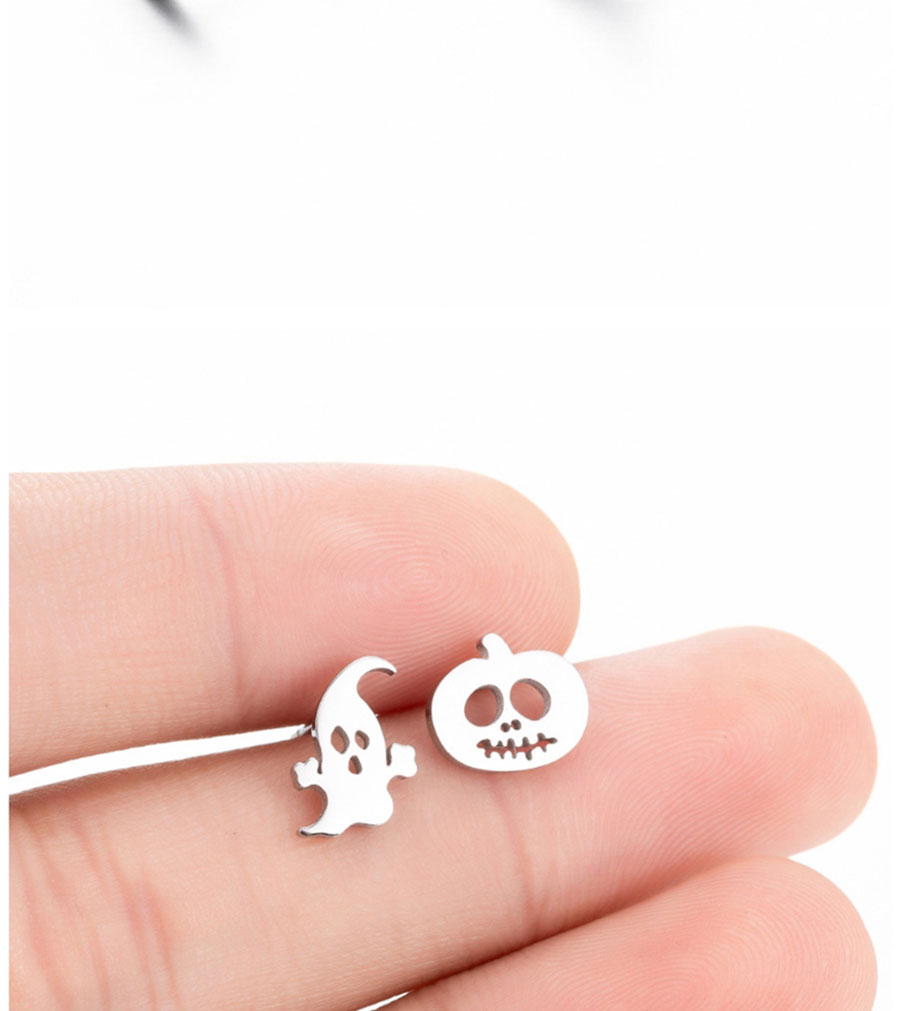 Fashion Silver Stainless Steel Asymmetric Pumpkin Ghost Stud Earrings,Earrings