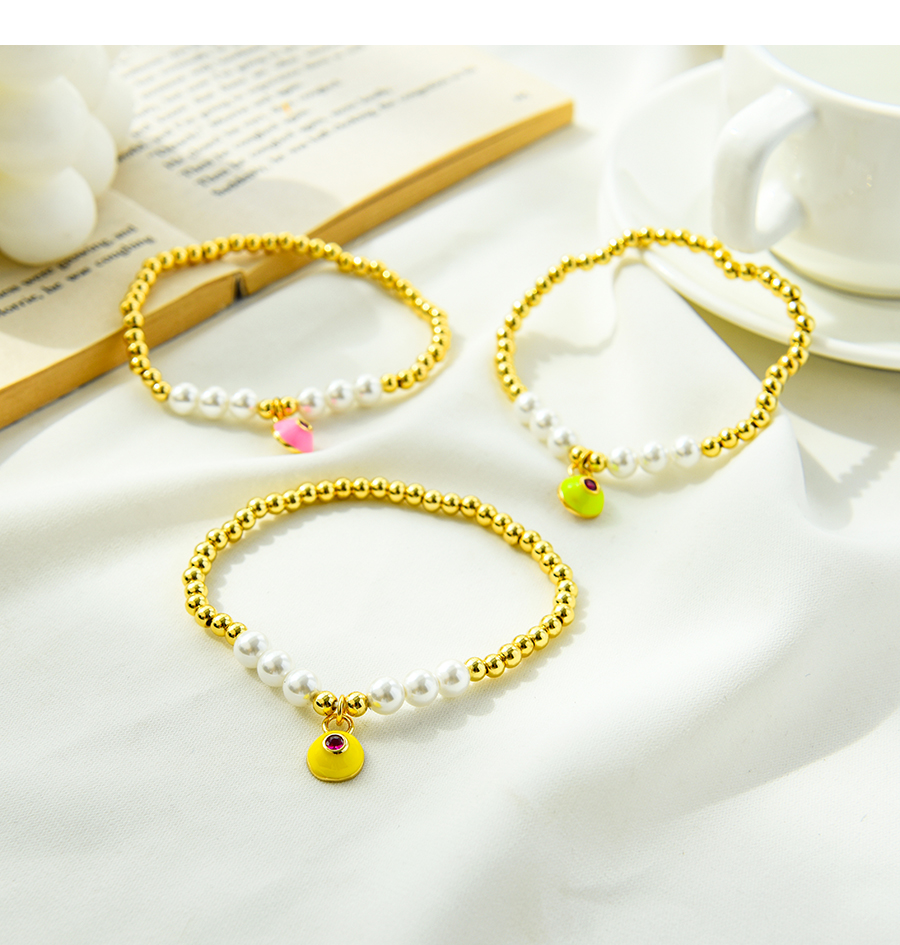 Fashion Yellow Copper Inlaid Zirconium Pearl Drop Oil Beaded Bracelet,Bracelets