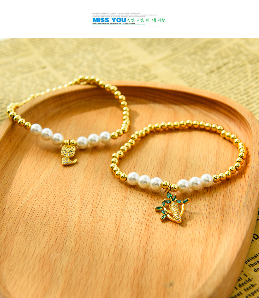 Fashion Gold Color Copper Inlaid Zirconium Pearl Cat Beaded Bracelet,Bracelets