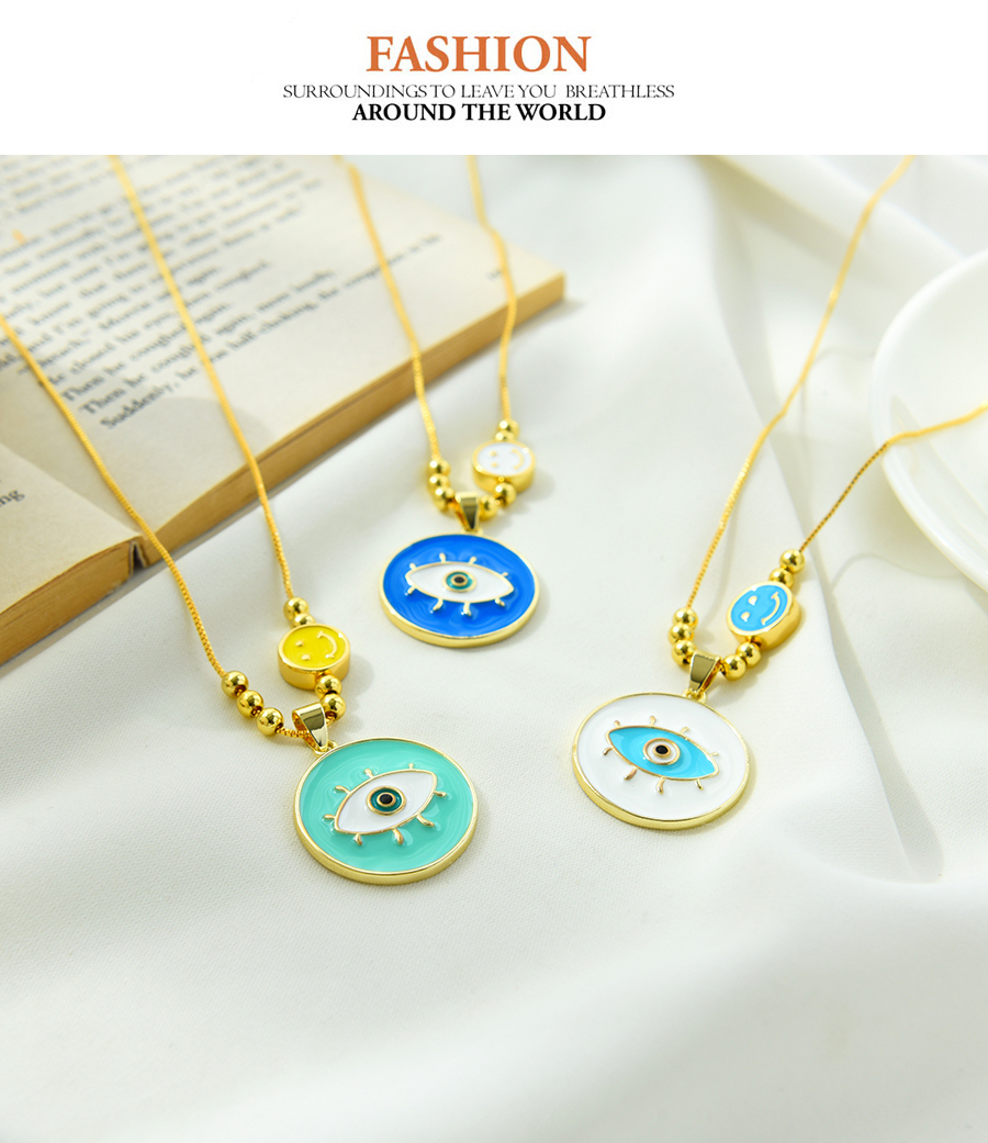 Fashion Blue Copper Inlaid With Dripping Oil Eyes Smiley Face Necklace,Necklaces