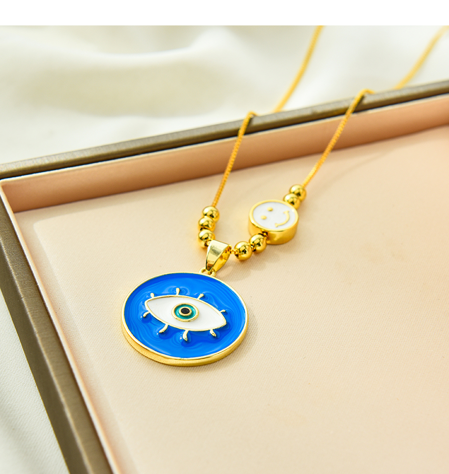 Fashion Lake Blue Copper Inlaid With Dripping Oil Eyes Smiley Face Necklace,Necklaces