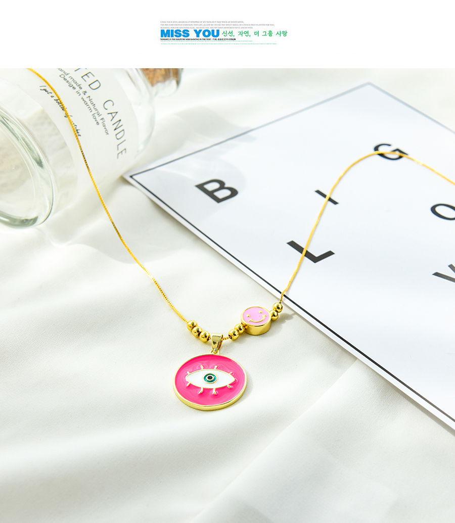Fashion Pink Copper Inlaid With Dripping Oil Eyes Smiley Face Necklace,Necklaces