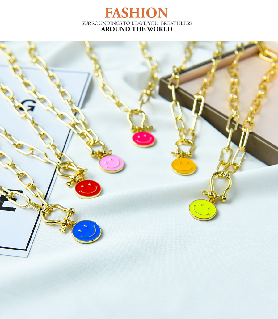 Fashion Light Yellow Copper Drip Oil Horseshoe Buckle Smiley Face Necklace,Necklaces