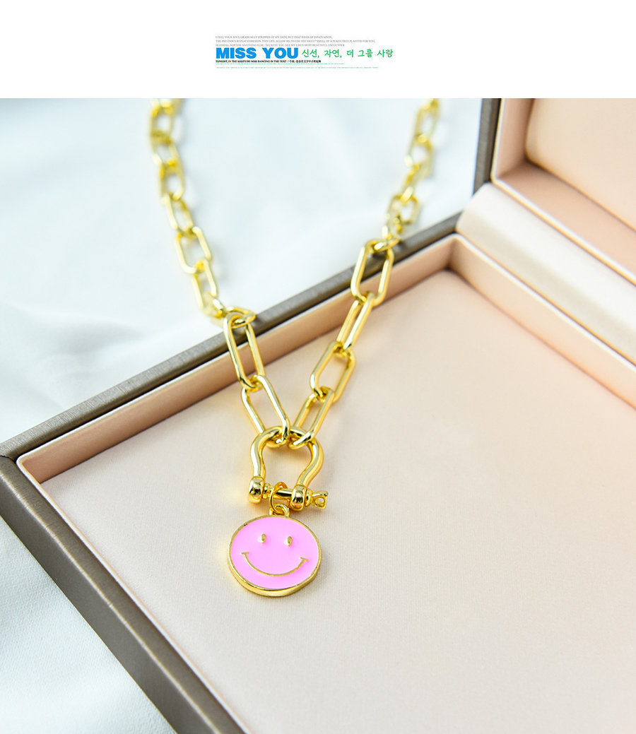 Fashion Pink Copper Drip Oil Horseshoe Buckle Smiley Face Necklace,Necklaces