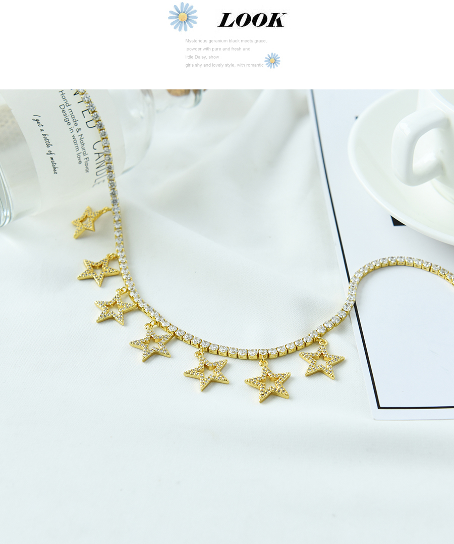 Fashion Color Copper Inlaid Zirconium Five-pointed Star Pendant Necklace,Necklaces