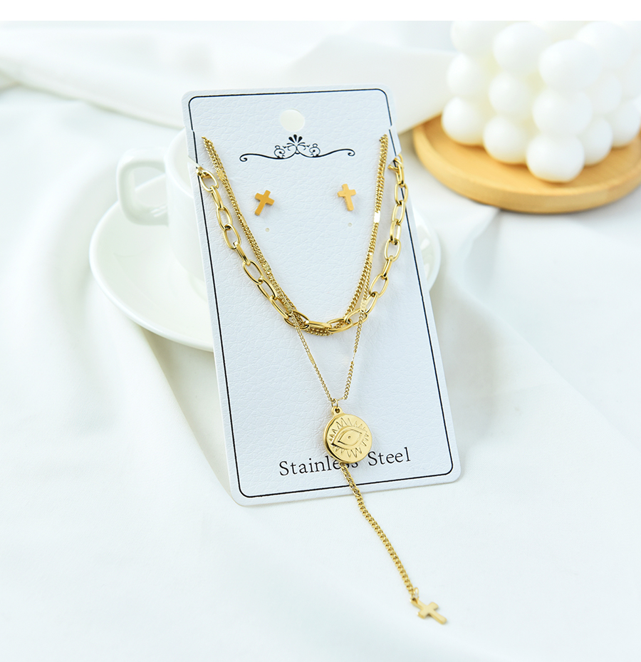 Fashion Gold Color Titanium Steel Eye Cross Y-shaped Necklace And Earrings Multilayer Set,Jewelry Set