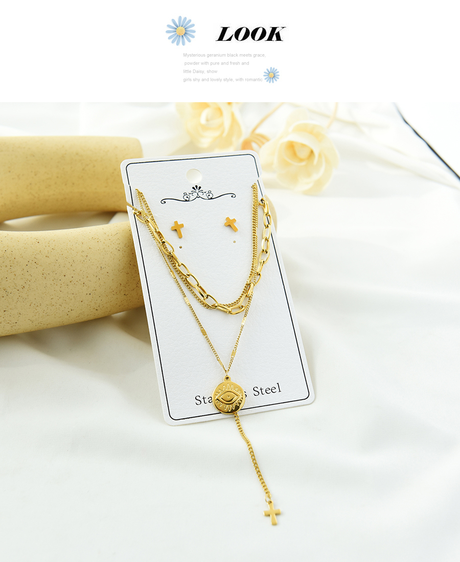 Fashion Gold Color Titanium Steel Eye Cross Y-shaped Necklace And Earrings Multilayer Set,Jewelry Set