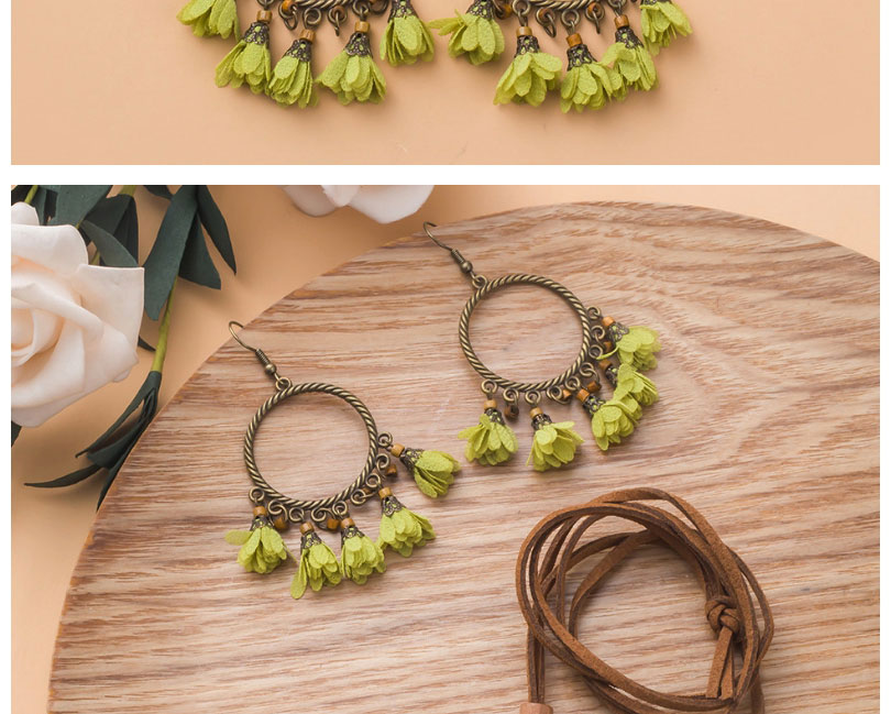 Fashion Green Alloy Thread Ring Flower Tassel Necklace And Earring Set,Jewelry Sets