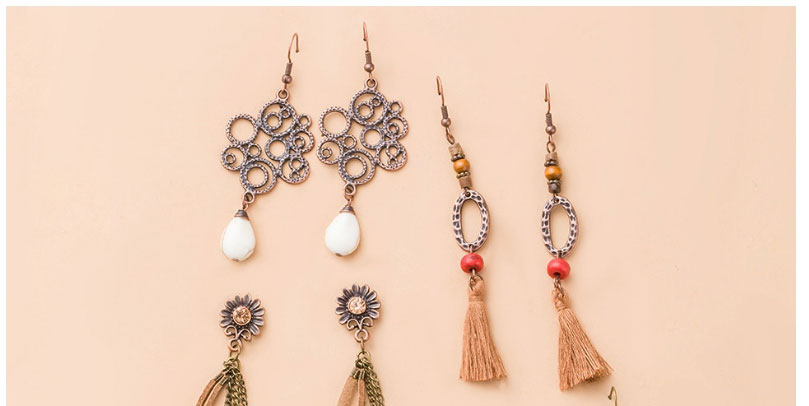 Fashion 2# Alloy Geometric Ring Tassel Earrings Set,Jewelry Sets