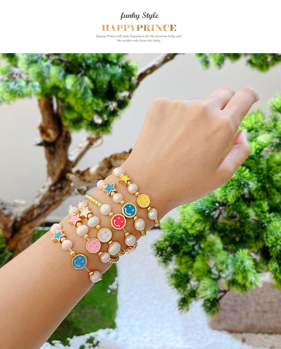 Fashion White Copper Beaded Smiley Face Five-pointed Star Pearl Bracelet,Bracelets