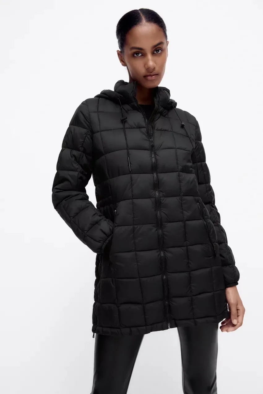 Fashion Black Checkered Hooded Cotton Coat,Coat-Jacket