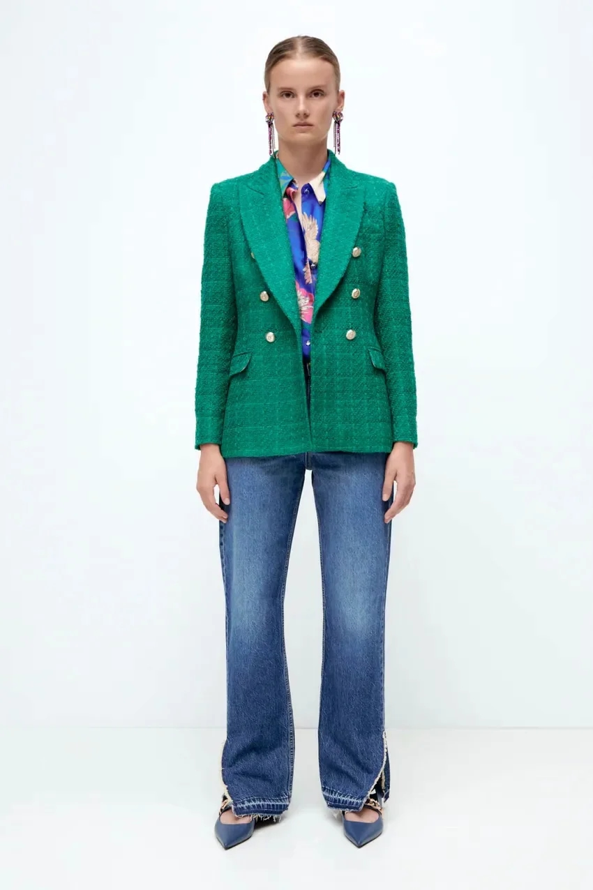Fashion Green Textured Double-breasted Blazer,Coat-Jacket