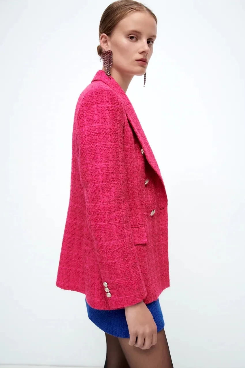 Fashion rose-Red Textured Double-breasted Blazer,Coat-Jacket