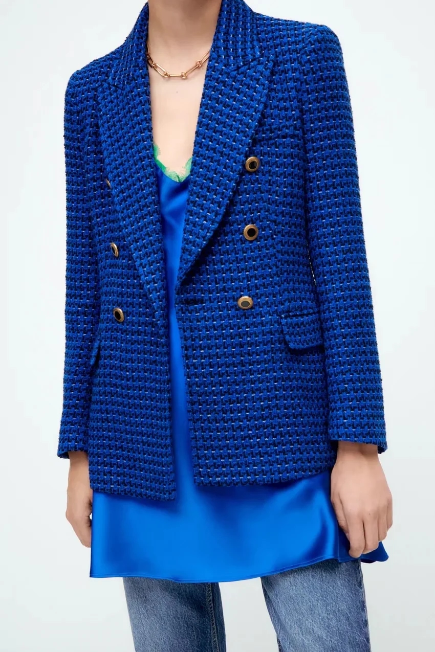 Fashion Blue Textured Double-breasted Blazer,Coat-Jacket