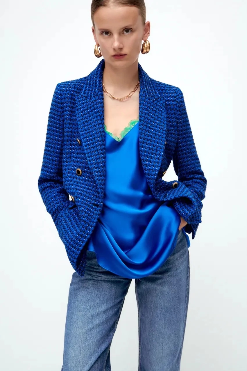 Fashion Blue Textured Double-breasted Blazer,Coat-Jacket