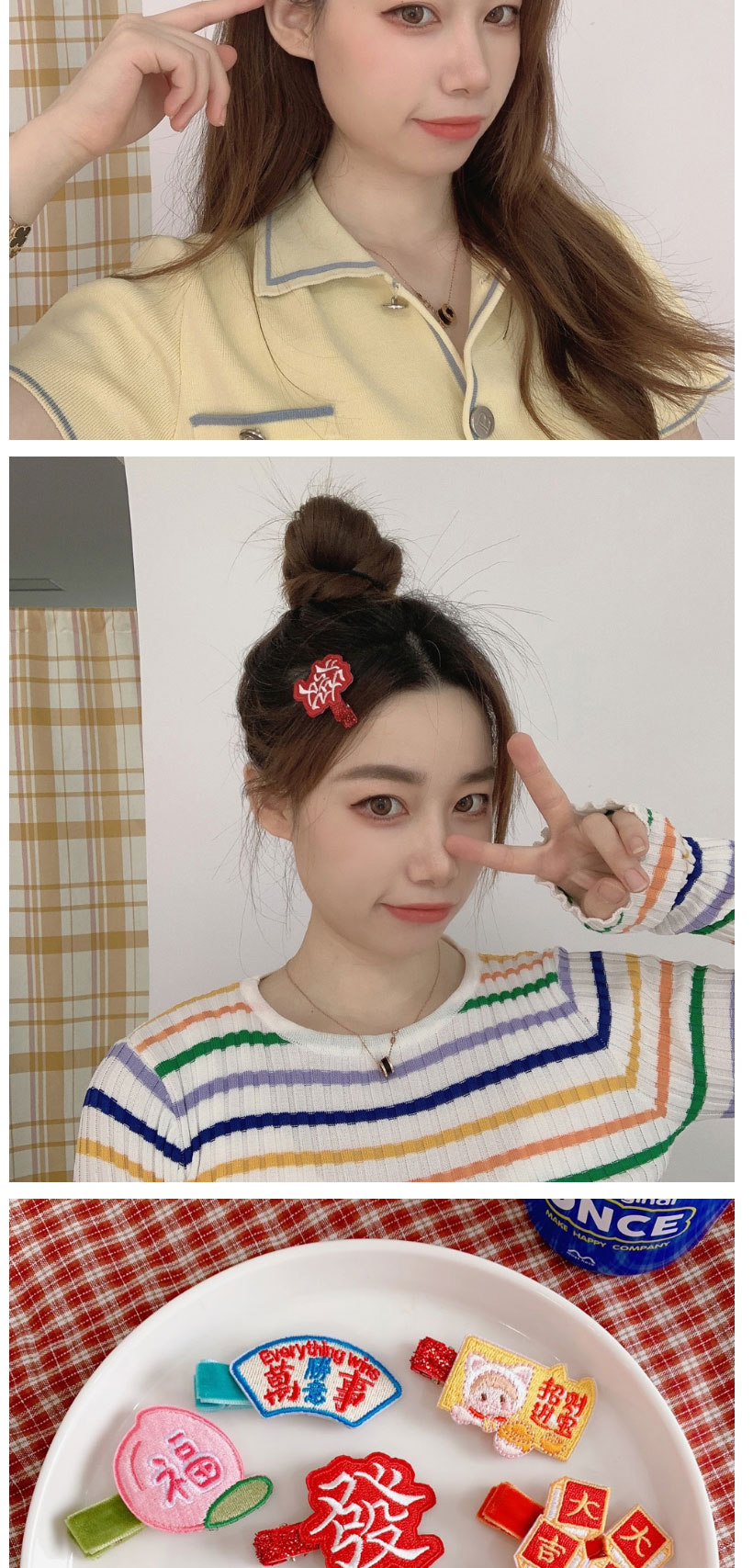 Fashion Lucky Fortune Text Embroidery Hairpin Fabric Hairpin,Hairpins