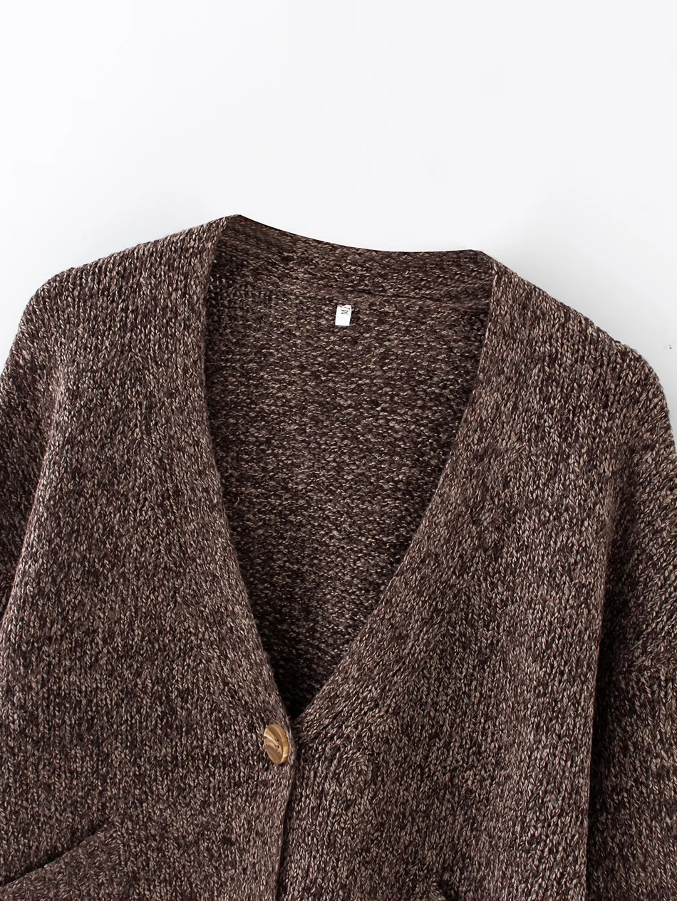 Fashion Brown V-neck Knitted Cardigan,Coat-Jacket