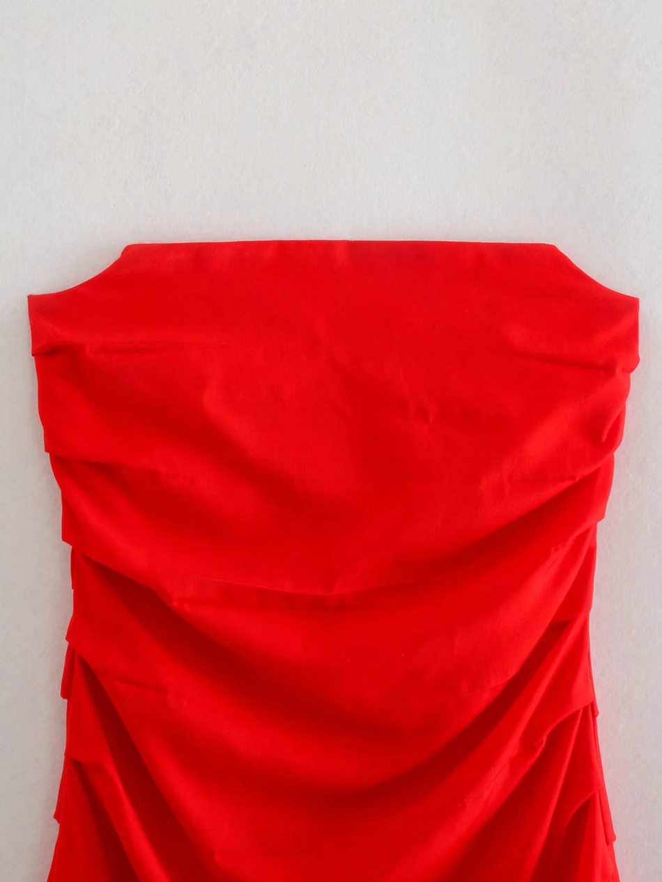 Fashion Red Pleated Silk Satin Dress,Long Dress