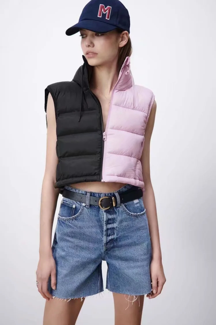 Fashion Pink Contrasting Color Zipper Vest,Coat-Jacket