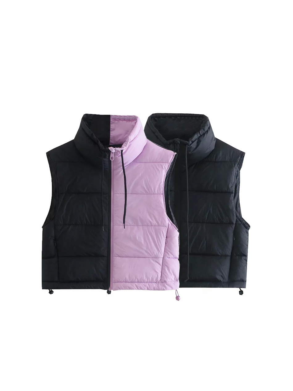 Fashion Pink Contrasting Color Zipper Vest,Coat-Jacket