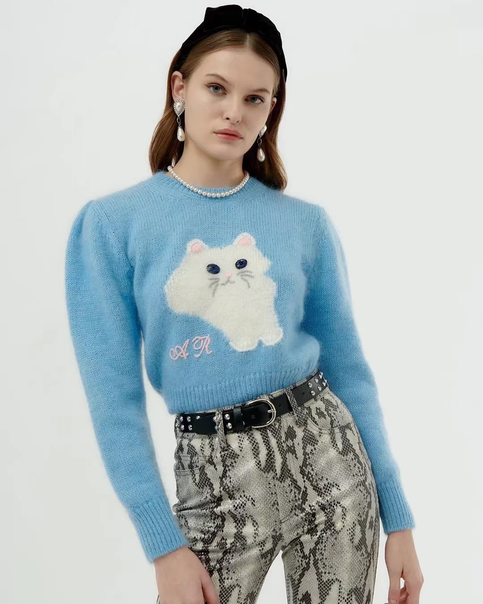Fashion Blue Cat Pullover Sweater,Coat-Jacket
