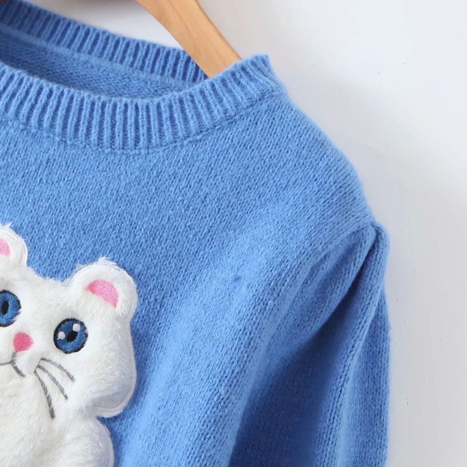 Fashion Blue Cat Pullover Sweater,Coat-Jacket